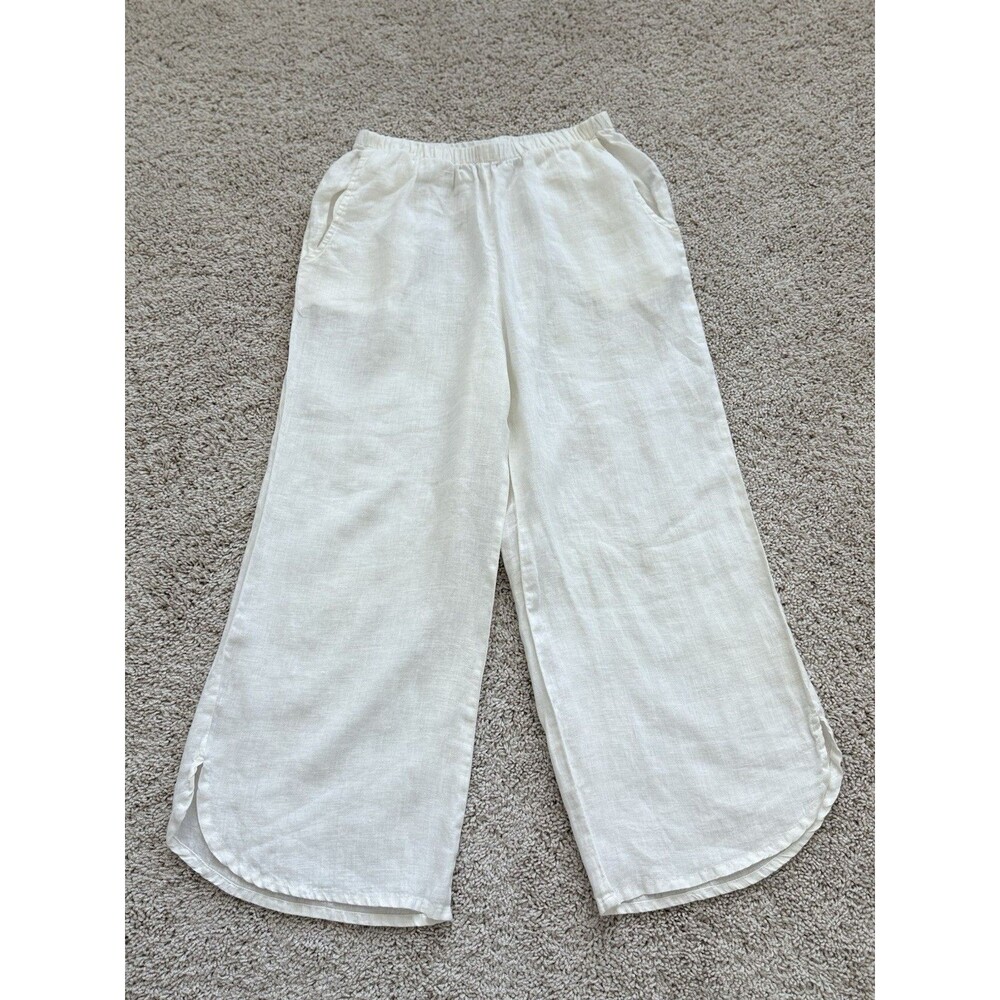 FLAX Women’s P Linen Cropped  Elastic Waist Flat Front Pants White Beach Vacay